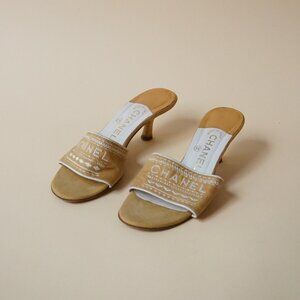 Chanel Vintage Linen Beige Logo Embroidered Kitten Heel Slide - Size 37